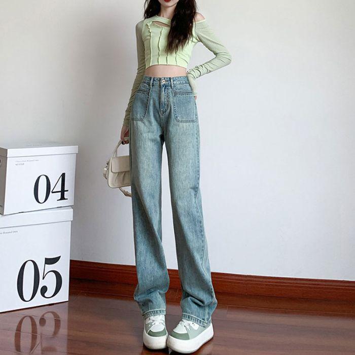 

Женские джинсы с высокой посадкой и широкими штанинами - Весна/Осень 2025, в стиле ретро Гонконг, свободного прямого кроя с легкой драпировкой. Large средний синий