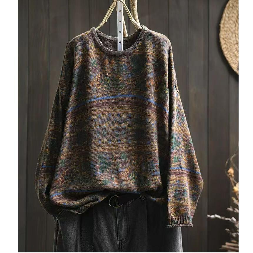 Autumn printed pullover sweater women's round neck loose casual long-sleeved blouse literary sweater