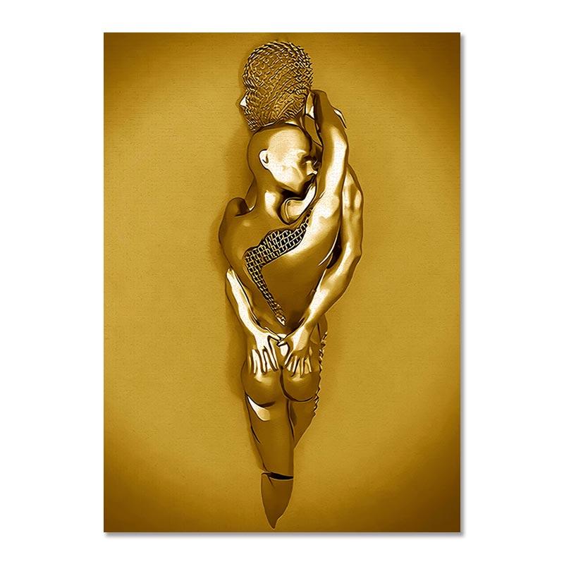 Metal Figure Statue Art Canvas Painting Golden Modern Lovers Sculpture Poster and Print Wall Pictures for Living Room Home Decor