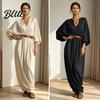Mid-length Dress Women's Batwing Long Sleeve Maxi Dress Casual V Neck Flowy Soft Fabric Summer Travel Vacation Loose Outfit with Belt Party
