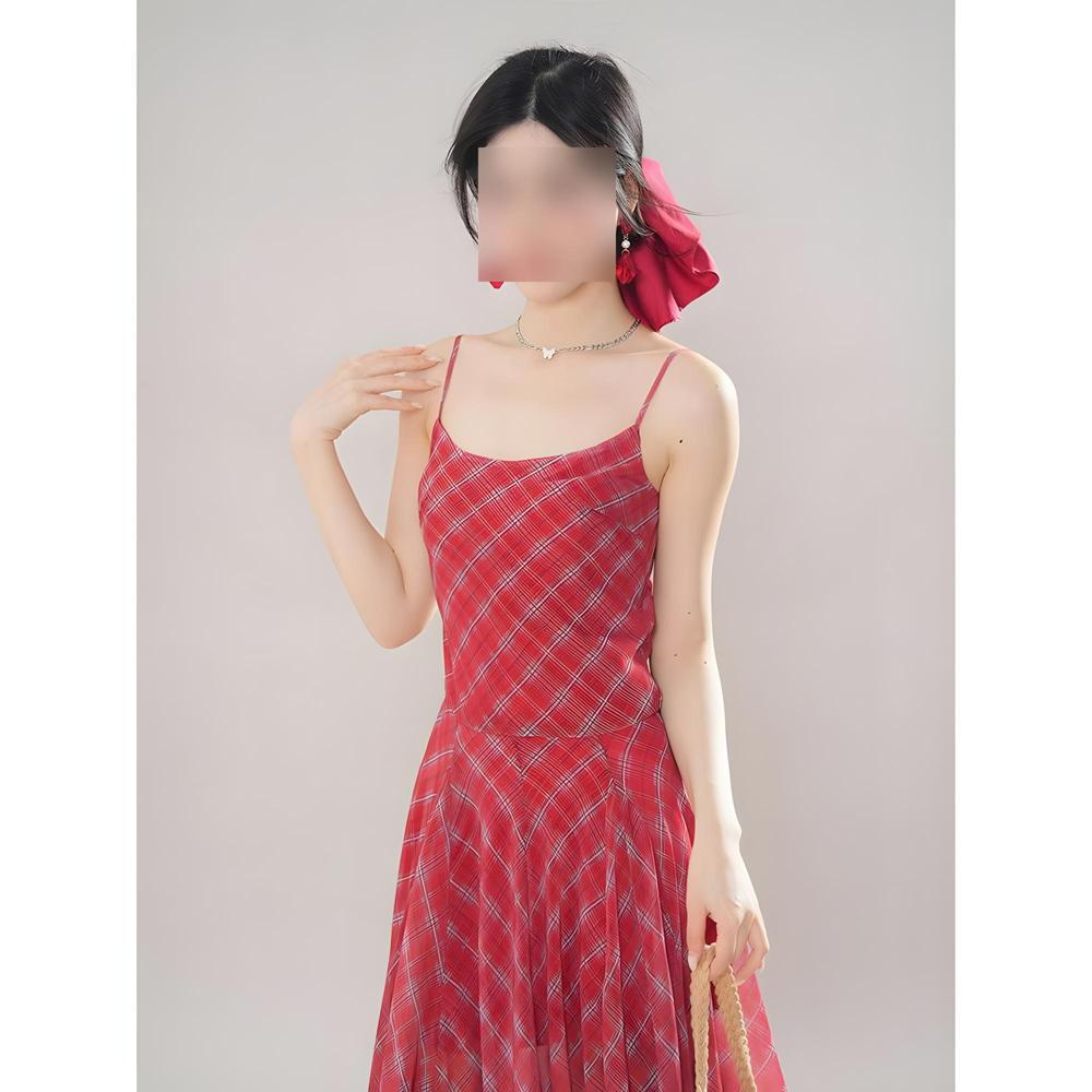 

Ретро супер красивое модное темпераментное платье-сарафан в красную клетку с завышенной талией и тонкое, повседневная женская одежда, лето XL- (recommended 110-60kg)