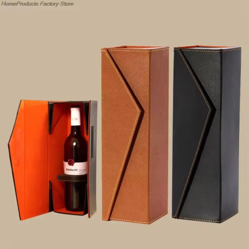 PU Leather Foldable Red Wine Gift Box Built-in Straps Wine Bottle Carrying Holder Friend Gift
