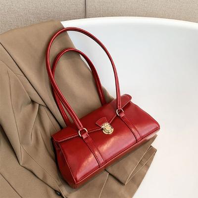 Vintage High-Grade Sense Underarm Tote Bag Women  New Fashion Red Simple Style Korean Texture Commuter Portable Shoulder Bag