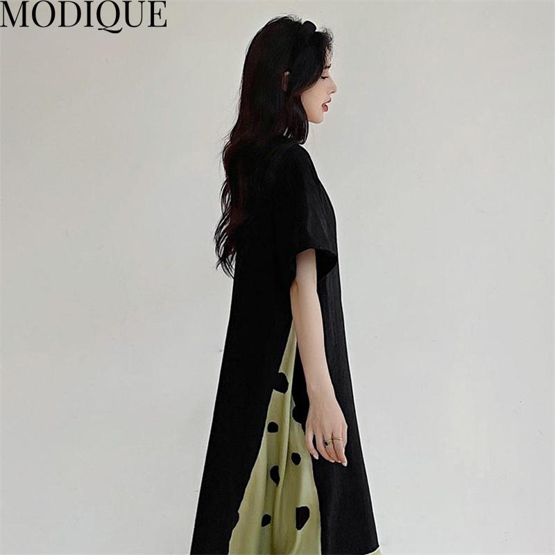 MODIQUE Summer Plus Size Women Loose Casual A-Line Patchwork Dot Print Silk Hemline Long Dresses Female Versatile Oversize Short Sleeve V-Neck Dresses