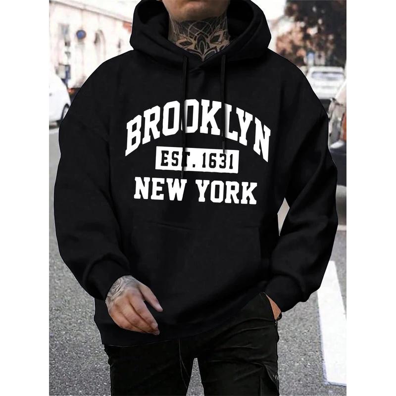 Beooklyn-New York Men's printed wool hoodie, warm hoodie, fur hoodie, casual and fashionable, large size, 1631