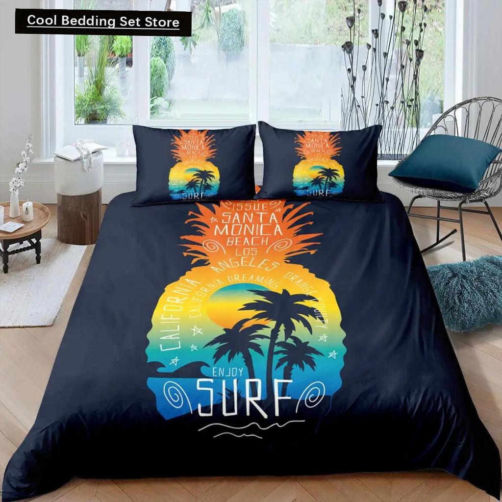 Comforter Pineapple King Size Yellow Geometric Pineapple Bedding Set Seaside Beach Theme Fruit Printed Comforter