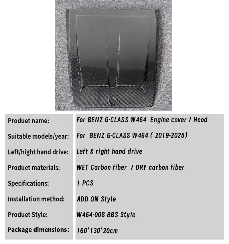 Mercedes-Benz G-Class W464 BS Style G63 Carbon Fiber Engine Hood Add-on, 2019-2025.
