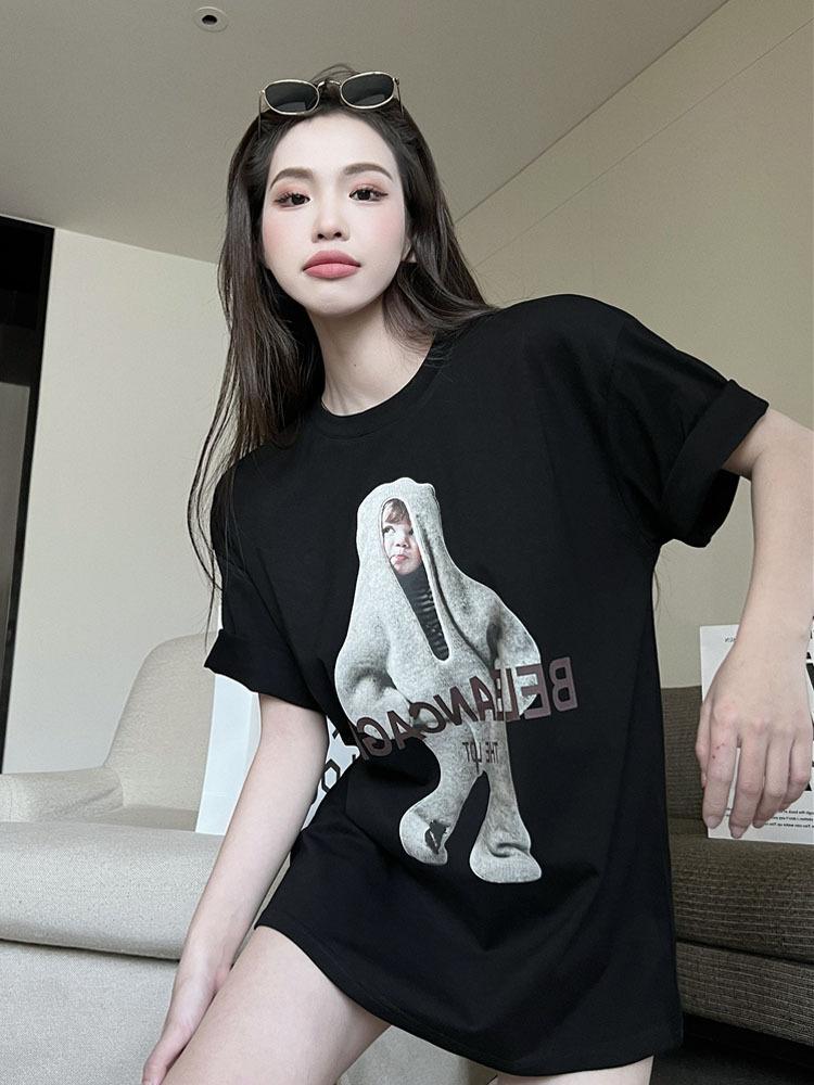 

[Bag collar] pure cotton printed short-sleeved T-shirt new American retro loose and thin top XXXXL білий