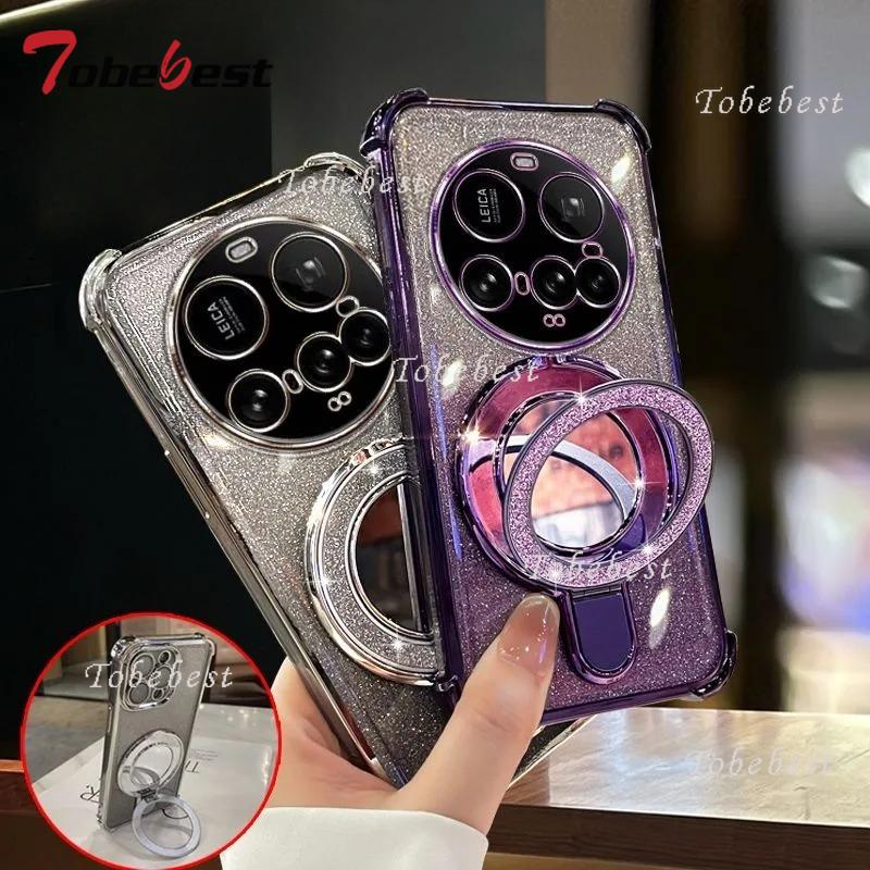 For Xiaomi 15 Ultra 14 14T 13 12 Pro Case Glitter Plating Mirror Magnetic Phone Holder Bracelet Cover