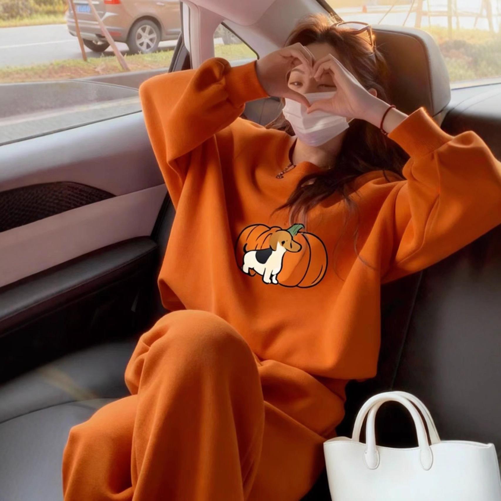 

Women s Stylish Orange Fleece Hoodie Set - Trendy 2025 Autumn/Winter Fashion L