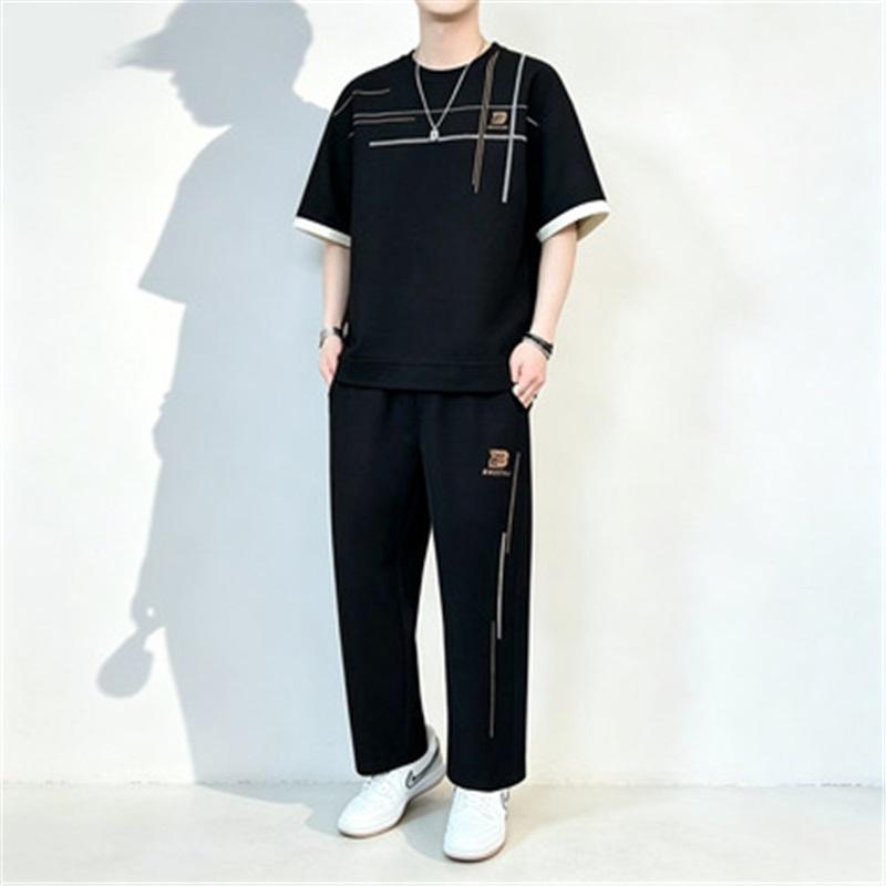 Men's 2-in-1 Summer Tracksuit Ice Silk Short Sleeve Tee Straight Pants Casual Streetwear Outfit