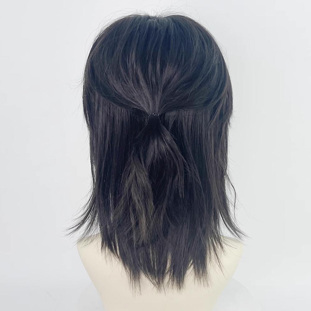 Kurze Vokuhila-Perücken mit Pony, synthetische glatte Anime-Perücke für Männer, schwarz, grau, grüne Haare, für den täglichen Gebrauch, Party, Cosplay