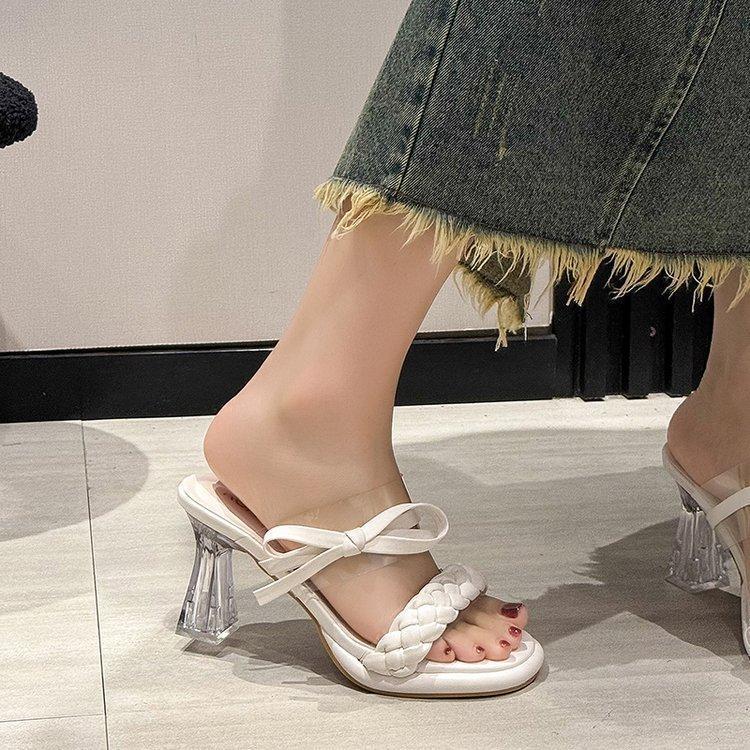 

Bow sandals woman summer 2025 new high heels fashion crystal heel fairy style one-word slippers woman 35