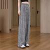 Women's Black And White Gingham Elastic Waist Wide Leg Pants