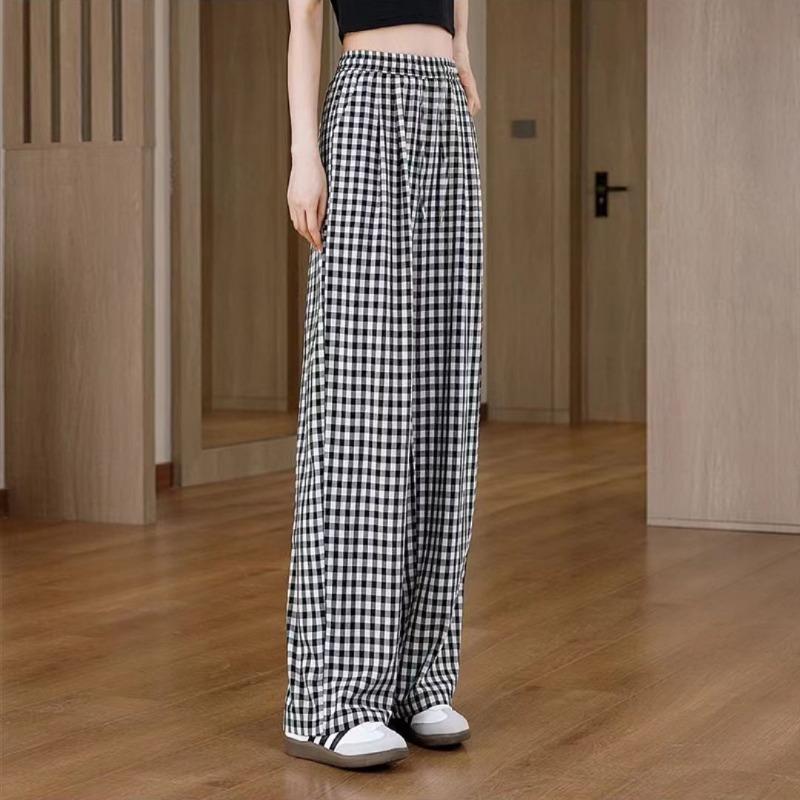 Women's Black And White Gingham Elastic Waist Wide Leg Pants