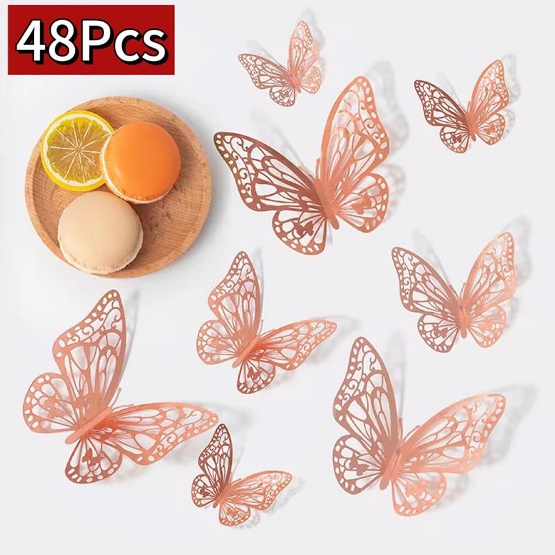 48pcs/lot Metal Inspired Hollow 3D Paper Butterfly Decorations for Parties, Festivals, Weddings, Birthdays, Wall Stickers