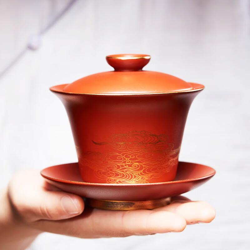 Handmade Yixing Zisha Gaiwan with Gilded Crane Design