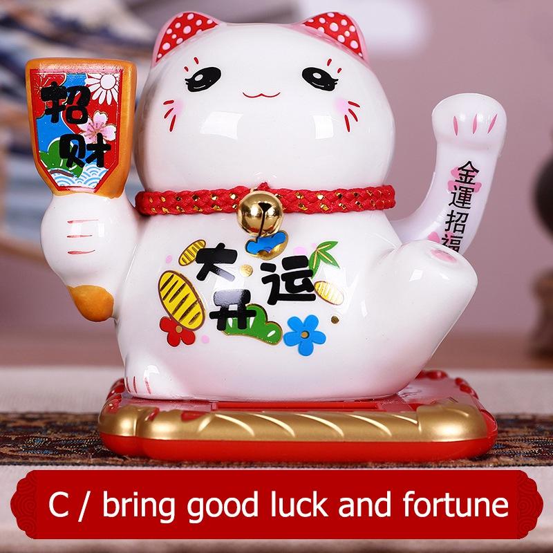 Ceramic Lucky Cat Ornament Maneki Neko Beckoning Fortune Cat Home Car Decoration Gift Wealth Waving Arm Cat Solar Powered
