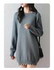 Women's Mid-Length Knitted Cotton Sweater Dress - Solid Color, Round Neck, Thick, Hip-Wrapping, Loose Fit