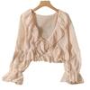 Cardigan in chiffon con scollo a V, lacci, camicia leggera, colore unito, bordo con volant, estivo, sottile, protezione solare, da indossare tutti i giorni