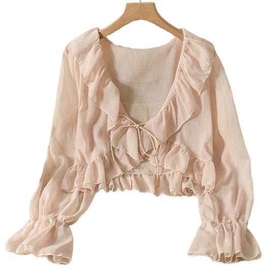 Cardigan in chiffon con scollo a V, lacci, camicia leggera, colore unito, bordo con volant, estivo, sottile, protezione solare, da indossare tutti i giorni