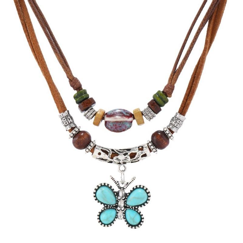 New 1-piece set of personalized fashion wax thread beaded wooden beads butterfly necklace new H
