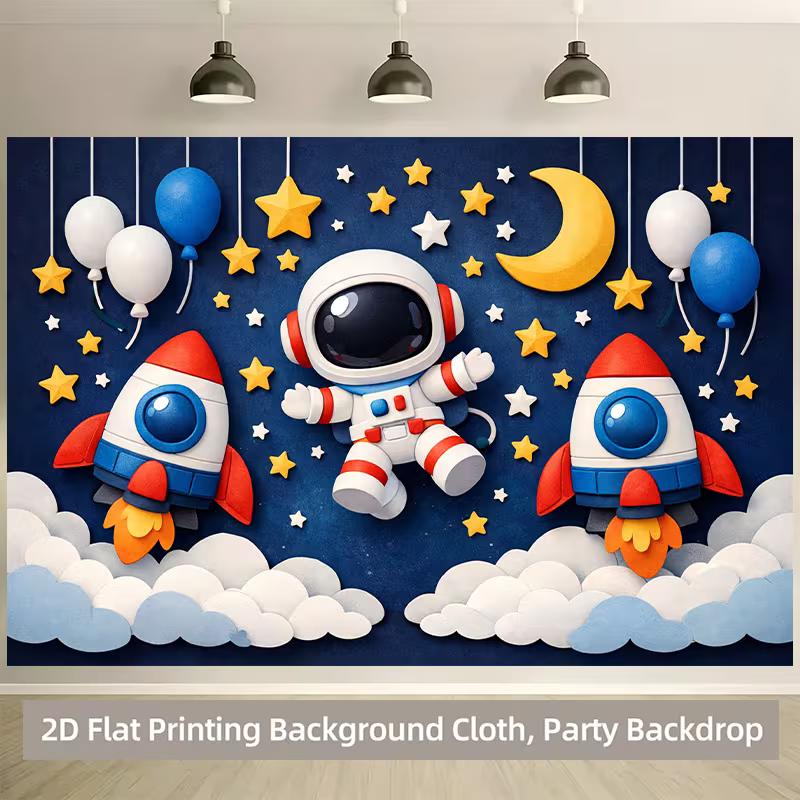 2D Cartoon Astronaut & Rocket Party Backdrop Kids Birthday Decor Supplies