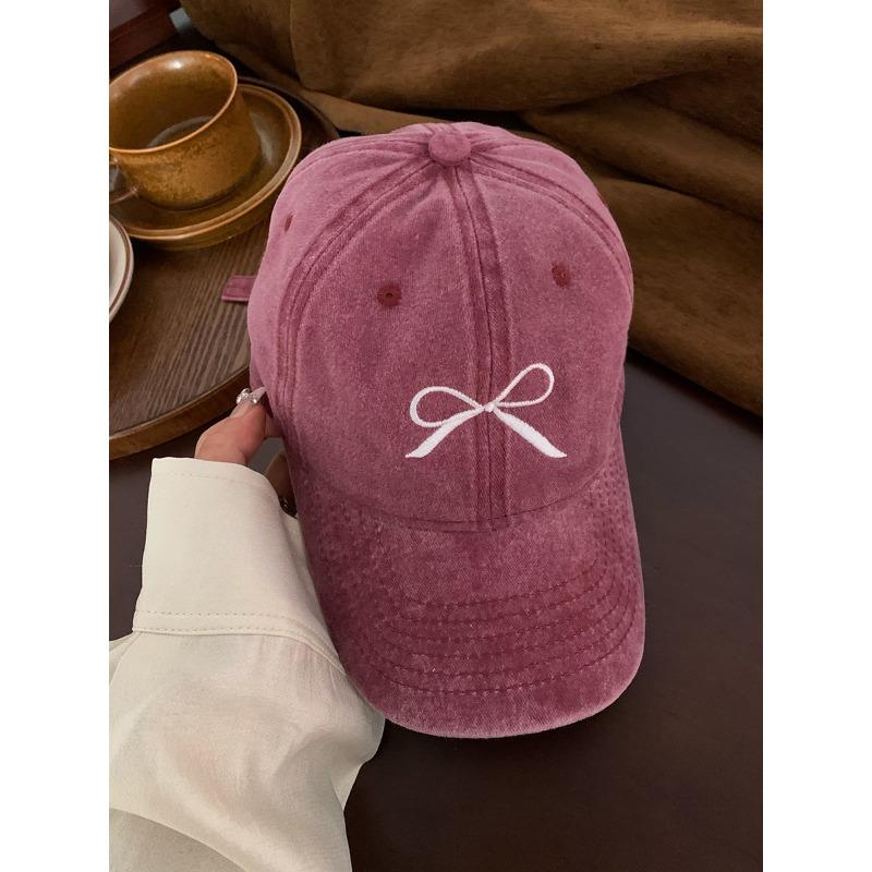 Bow Embroidered Baseball Cap Women's Spring New Washed Retro Wide-brimmed Face-covering Cap