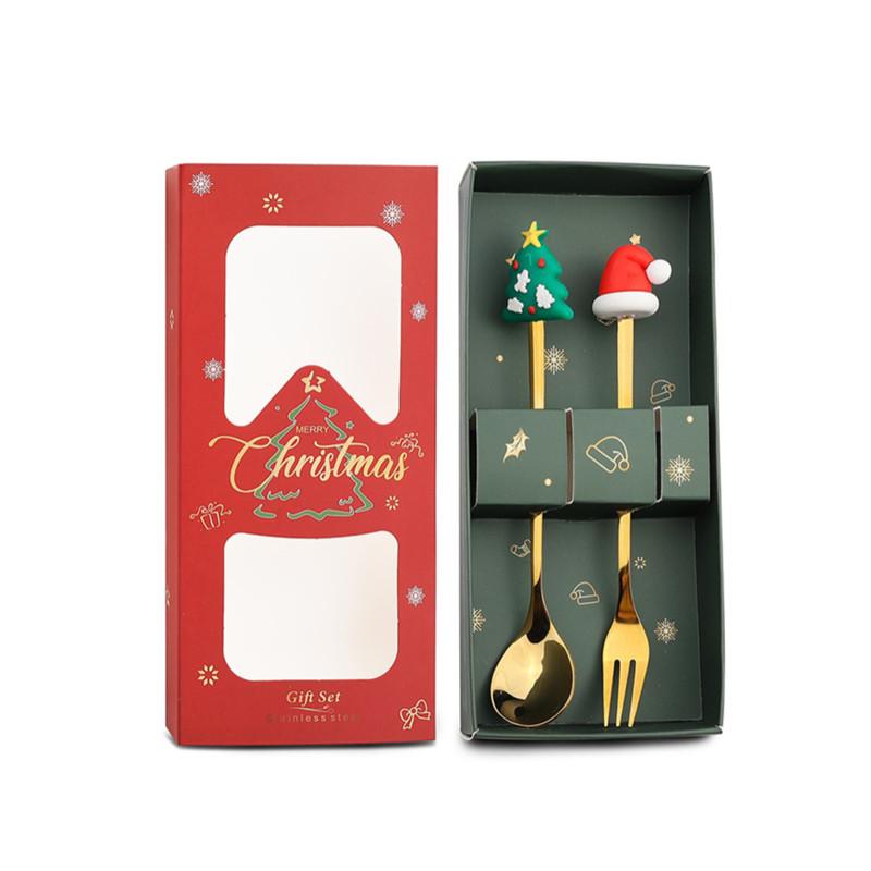 2PCS Stainless Steel Coffee Spoon Creative Christmas Dessert Spoon Cake Fork Cartoon Elk Spoon Fork Gift Box