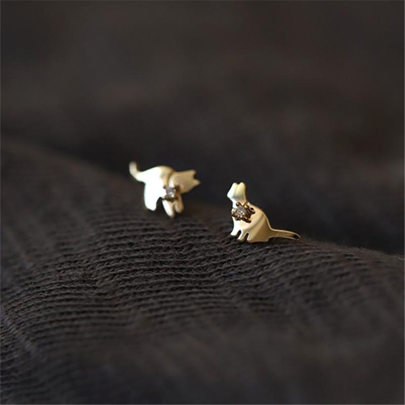 925 Sterling Silver Korea Asymmetrical Cute Cat Small Earrings For Women Plating 14K Gold Ear Jewelry