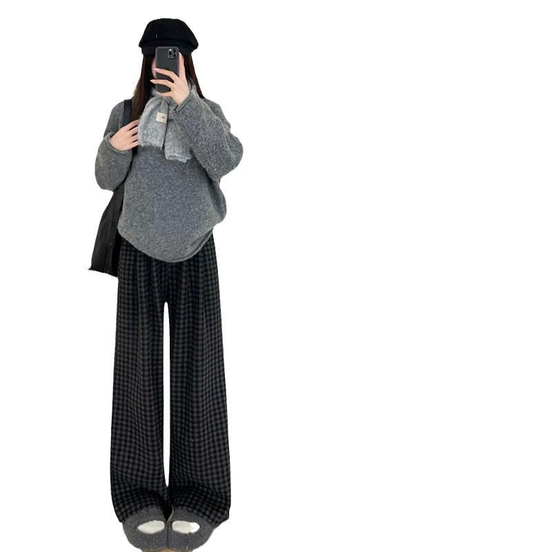High-Waisted Fleece-Lined Plaid Wide-Leg Pants for Women, 150 Petite, Slimming Casual Autumn/Winter Wear