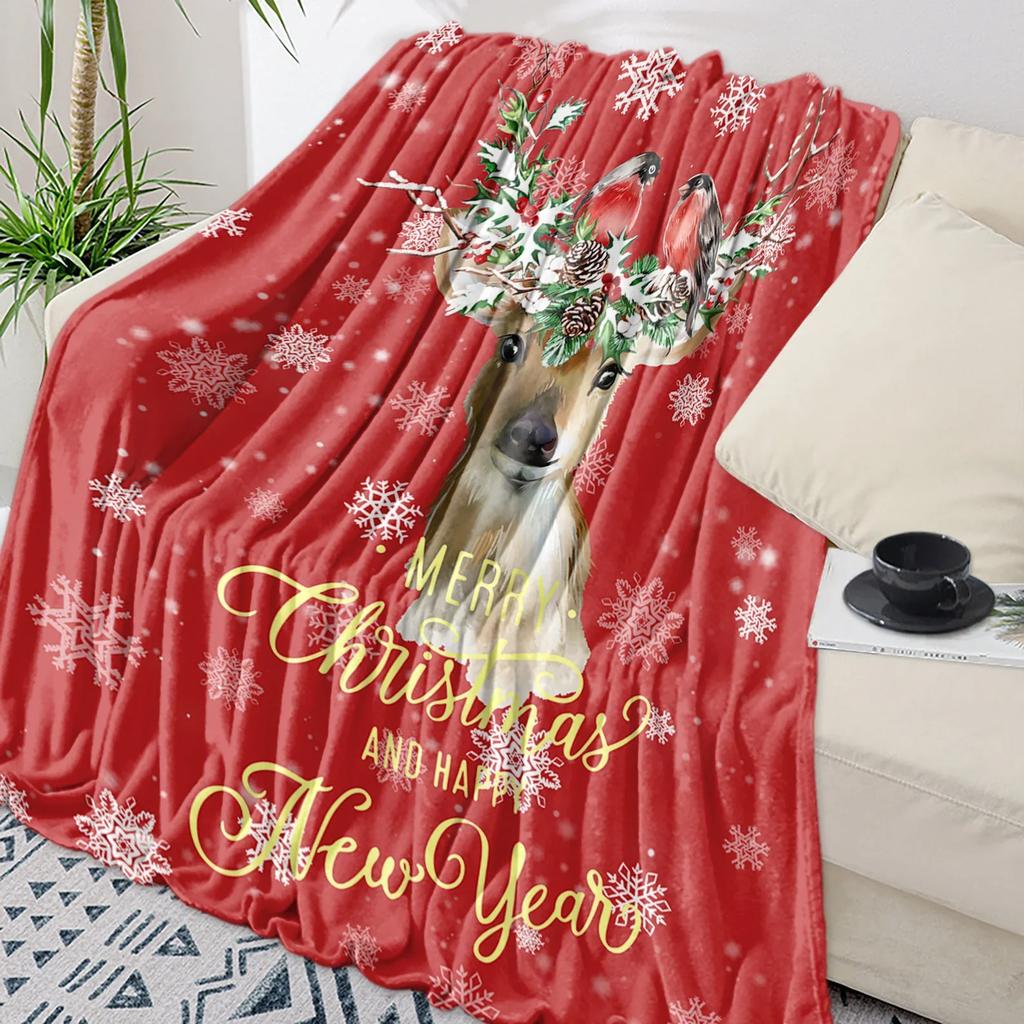 Christmas Snowflake Elk Plaid Throw Blanket for Sofa Christmas Decoration Bedspread Portable Microfiber Flannel Blanket