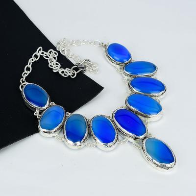 Mavi Kalsedon Değerli Taş El Yapımı 925 Ayar Gümüş Elektroform Kolye, Mavi Kalsedon Gümüş Eş İçin Unisex Kolye Parti Giyim Hediyeler