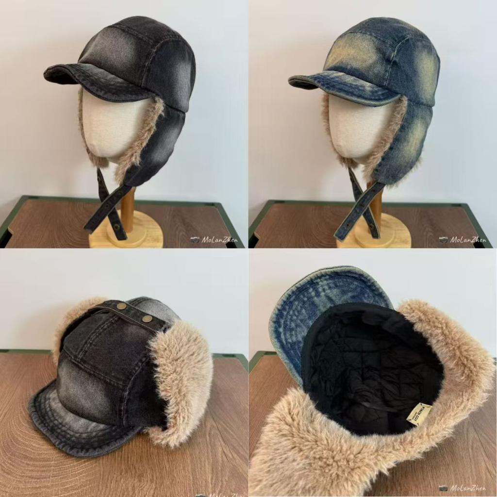 Schwere Industrie gewaschener Denim rauchgrau weicher Schirm Lei Feng Mütze Winter verdickt Lammwolle modisch nordöstlicher Gehörschutz