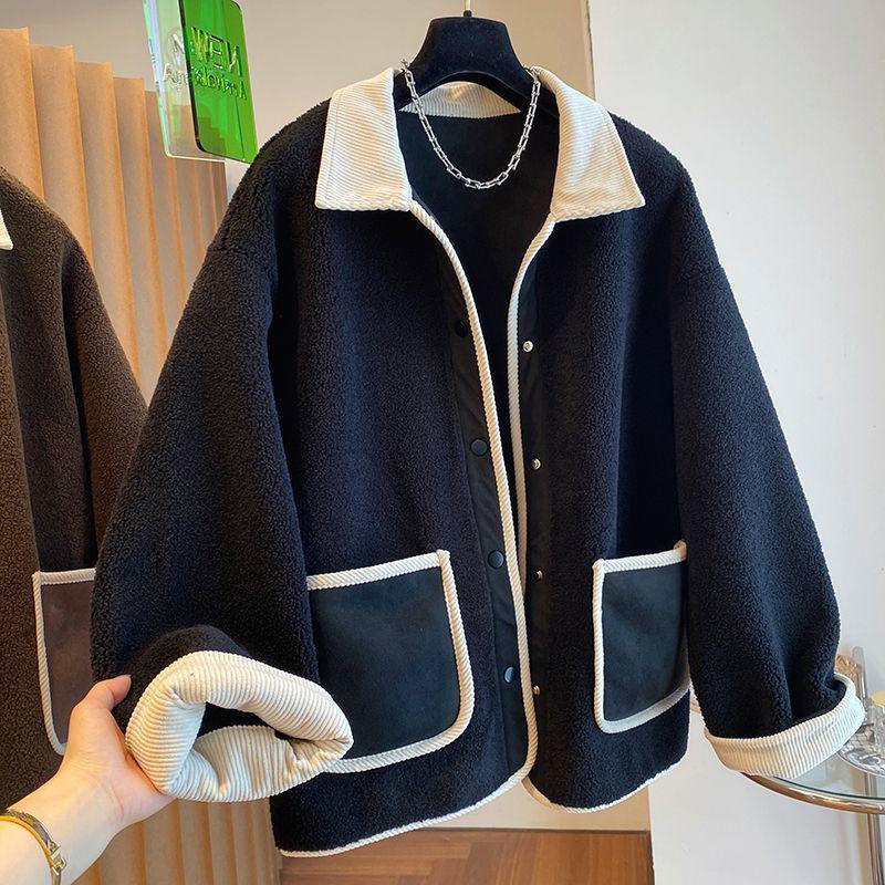 Dámský zimní kabát z jehněčí vlny v korejském stylu - Volný, zeštíhlující, silný, hřejivý, nadměrná velikost, patchworkový design
