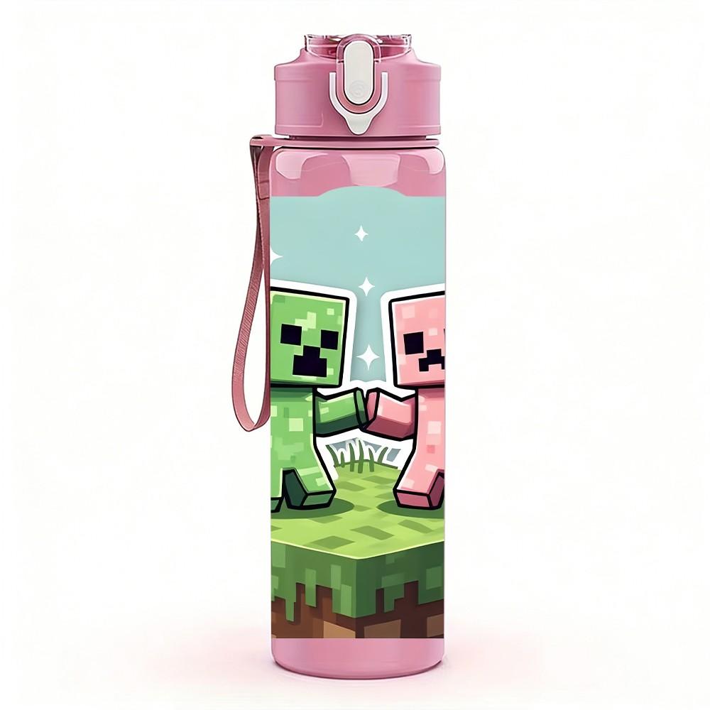 1PC Minecraft Cartoon Character 750ml Color Plastic Sports Water Bottle Leakproof Flip Straw Lid Suitable for Sports Office Home Use