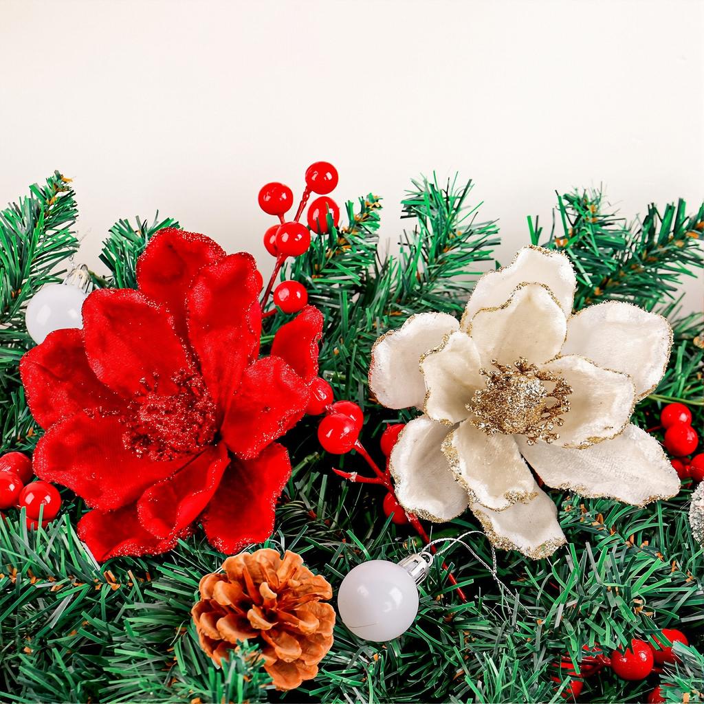 Christmas Flower Ornaments Artificial Red White Glitter Flowers For DIY Wreaths Crafts Wedding Holiday Party Decoration Supplies