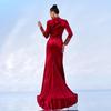 European and American Velvet Round Neck Long-Sleeve Evening Dress