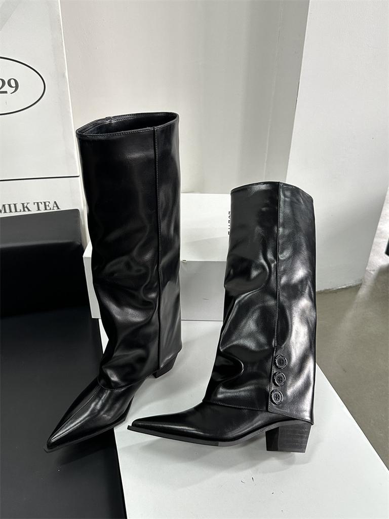 IPPEUM Brown Knee High Cowboy Boots For Women Chunky Heel Shoes 2024 New Women Pipe Boots