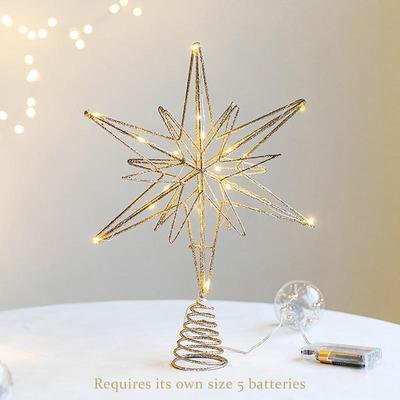 12.6 Inch Creative Christmas Star Tree Topper LED Lights Glitter Christmas Tree Decoration Warm White Lights Light Up Party Prop