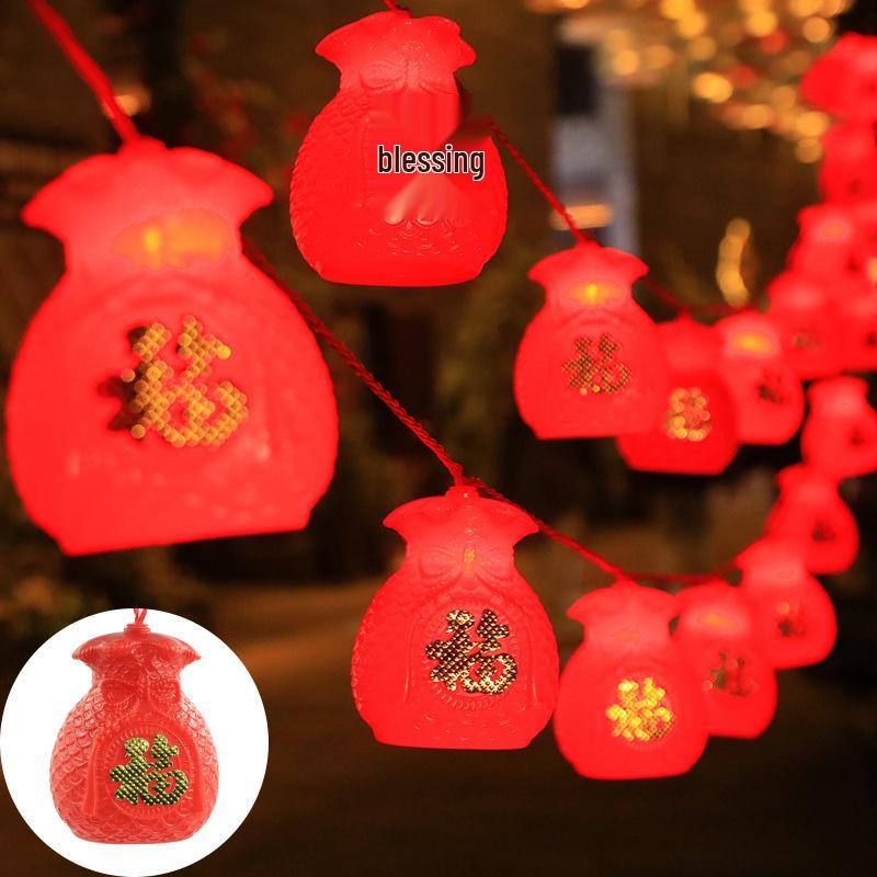 Solar-Powered New Year Lantern String Lights with Fu Character and Lucky Bag Design