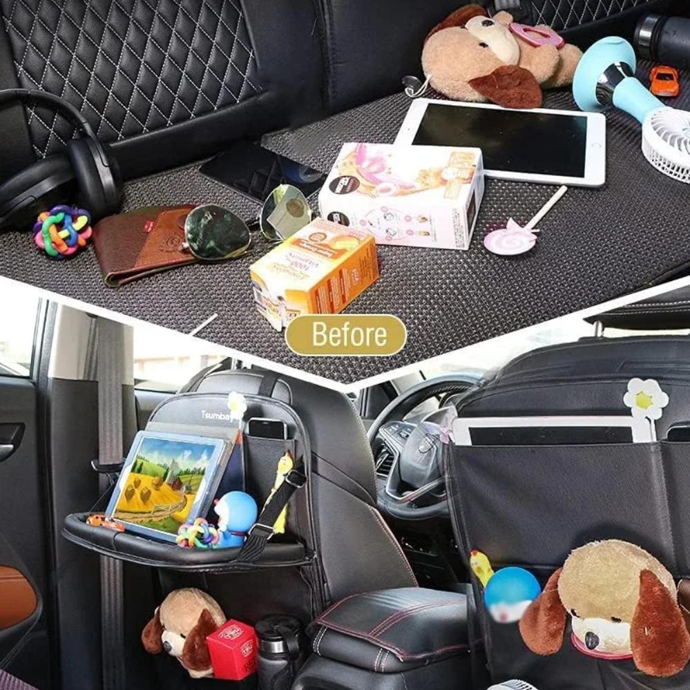 Car Seat Back Organizer with Foldable Table Tray PU Leather Storage Organizer Pockets Kick Mats Seat Interior Accessories