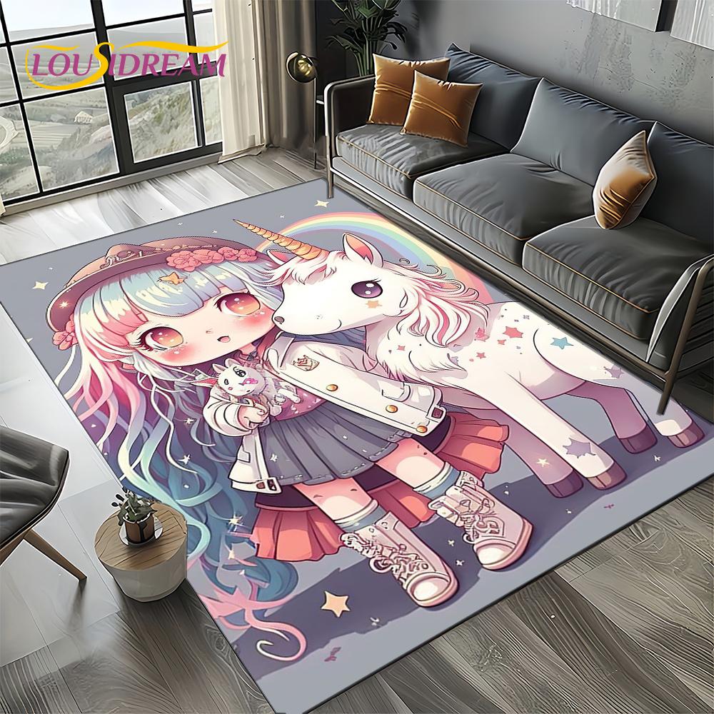 Unicorn Cartoon Cute 3D Dream Girl Carpet Rug for Living Room Bedroom Home Sofa Decoration,Kid Area Rug Non-slip Floor Mat Gift