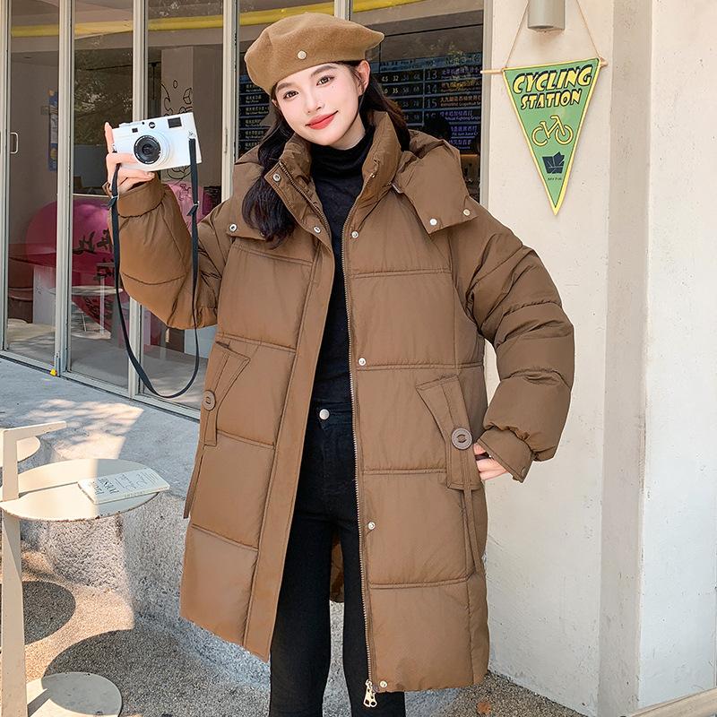 

Съемная шапка пуховик средней длины новая корейская версия свободный утолщенный хлопковый жакет женский зимний стеганый жакет XXL хаки
