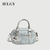 Korean Style Denim Sequined Portable Bowling Bag Contrast Color One-Shoulder Messenger Small Square Bag
