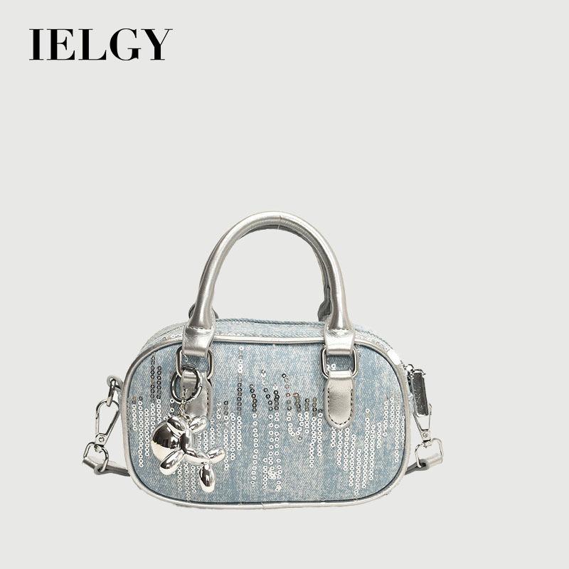 IELGY Korean Style Denim Sequined Portable Bowling Bag Contrast Color One-Shoulder Messenger Small Square Bag