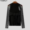 INCERUN Herren Langarm Patchwork Mesh Sheer Cutout Durchsichtige T-Shirts Tops