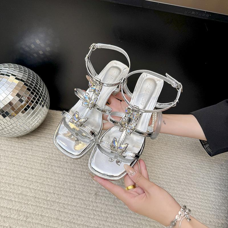 2025 new models, fashionable and sexy versatile Roman style rhinestone thick heel sandals square head thin heel women's shoes