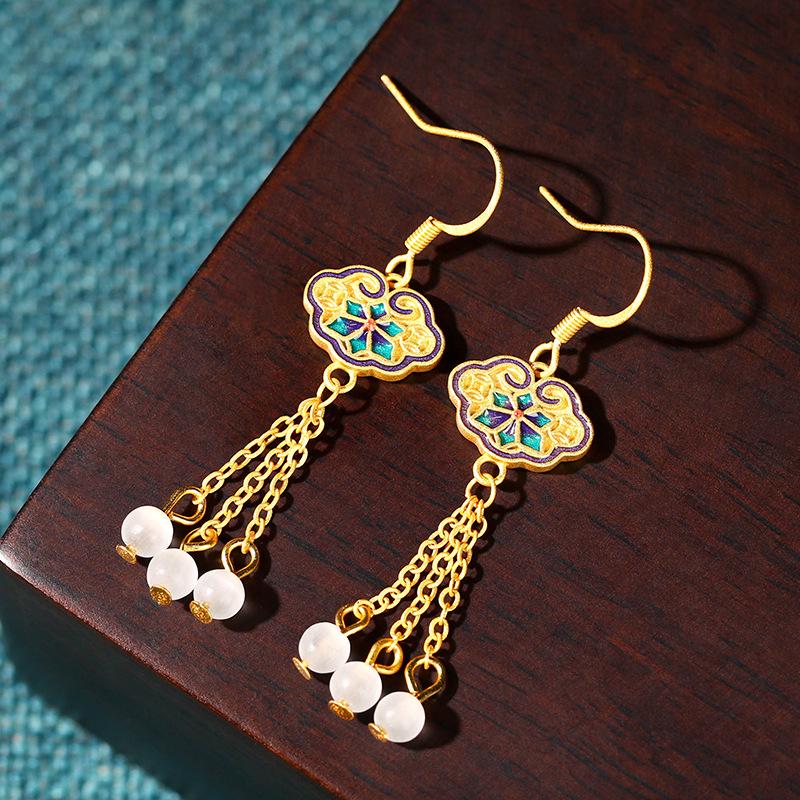 Airyuan Cat's Eye Stone Tassel Earrings - Elegant Chinese Fairy Jewelry for Women