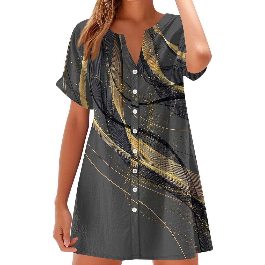 Women's Fashion Casual V-neck Short Sleeve Button Retro Color Block Splicing Print Dress